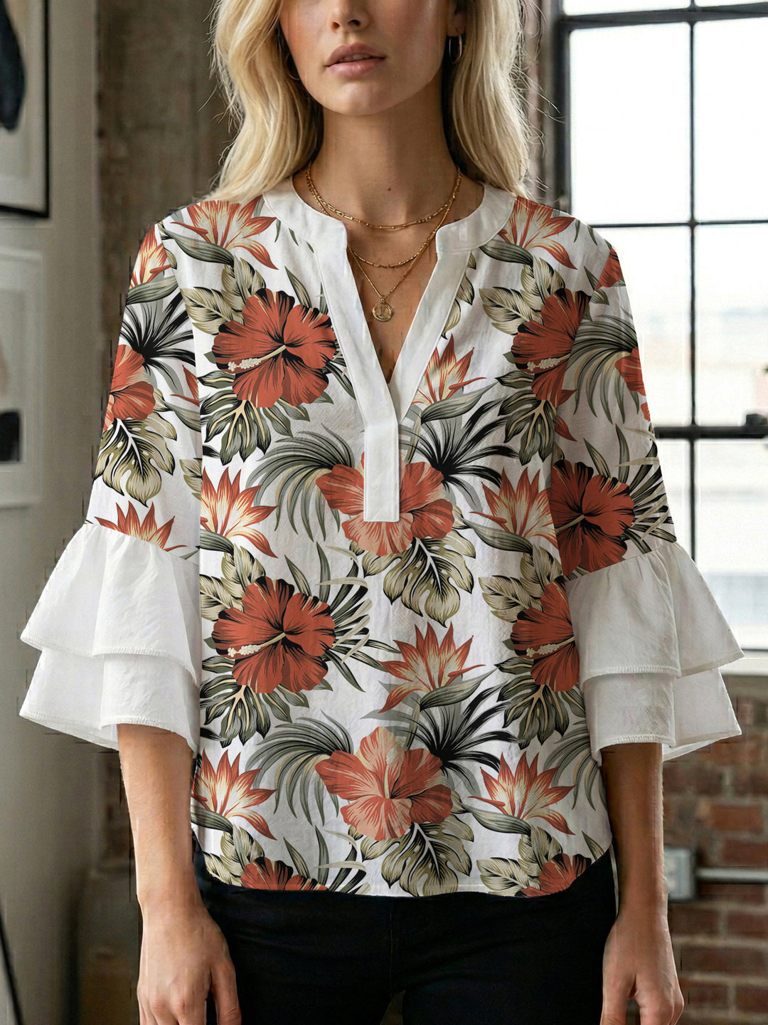 Damen lässige Bluse mit Volantärmeln und botanischem Druck Echo Archiv