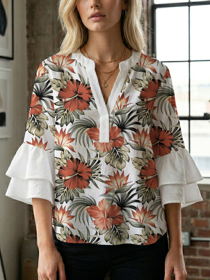 Damen lässige Bluse mit Volantärmeln und botanischem Druck Echo Archiv