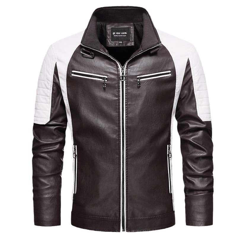 Herren Biker-Lederimitatjacke im Racing-Stil mit Stehkragen und Reißverschlusstaschen Echoarchiv