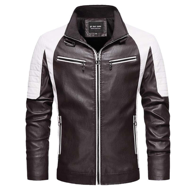 Herren Biker-Lederimitatjacke im Racing-Stil mit Stehkragen und Reißverschlusstaschen Echoarchiv