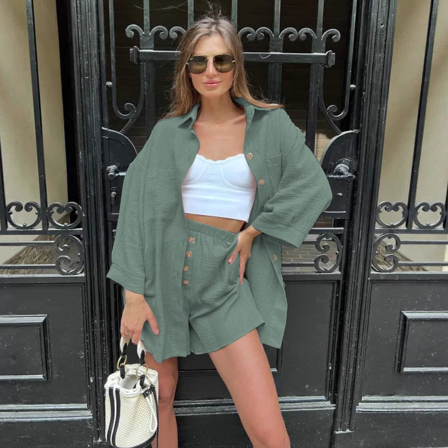 Damen nan lässiges Musselin-Zweiteiler Set mit Oversize-Hemd und elastischer Highwaist-Shorts Echo Archiv