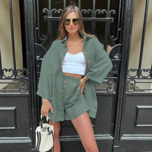 Damen nan lässiges Musselin-Zweiteiler Set mit Oversize-Hemd und elastischer Highwaist-Shorts Echo Archiv