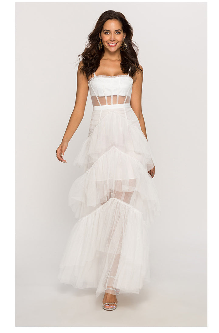 Damen Maxikleid mit mehrlagigem Tüllsaum und transparenter Einsätzen Echo Archiv