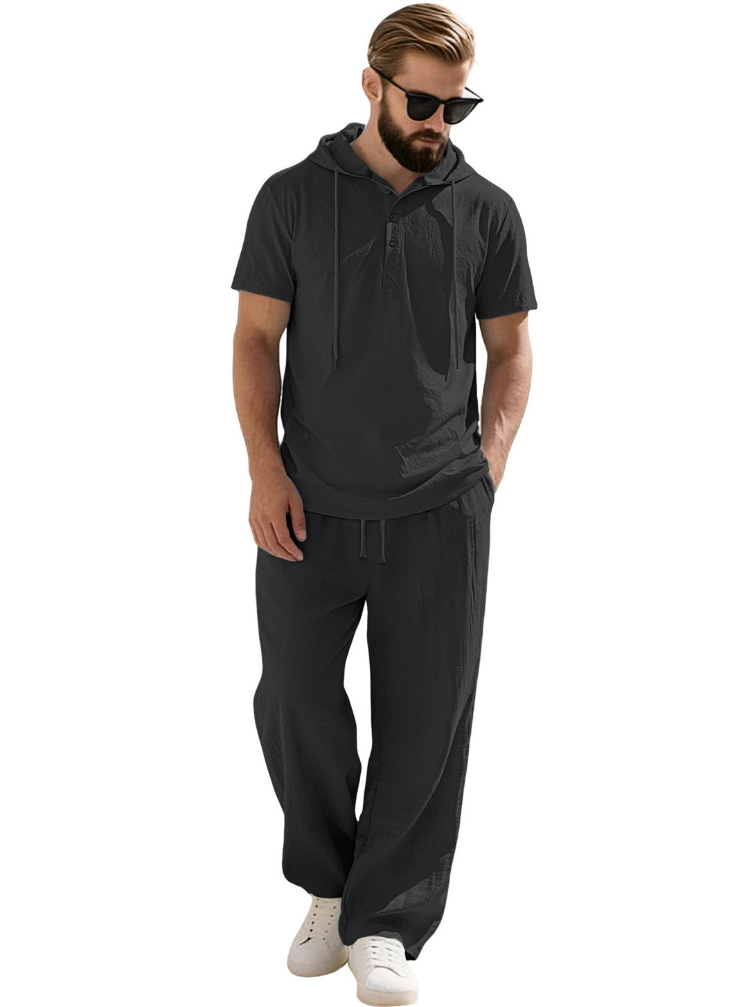 Herren nan lässiges Kurzarm-Kapuzenshirt im gekreppten Baumwollmix mit Henley-Knopfleiste Echo Archiv