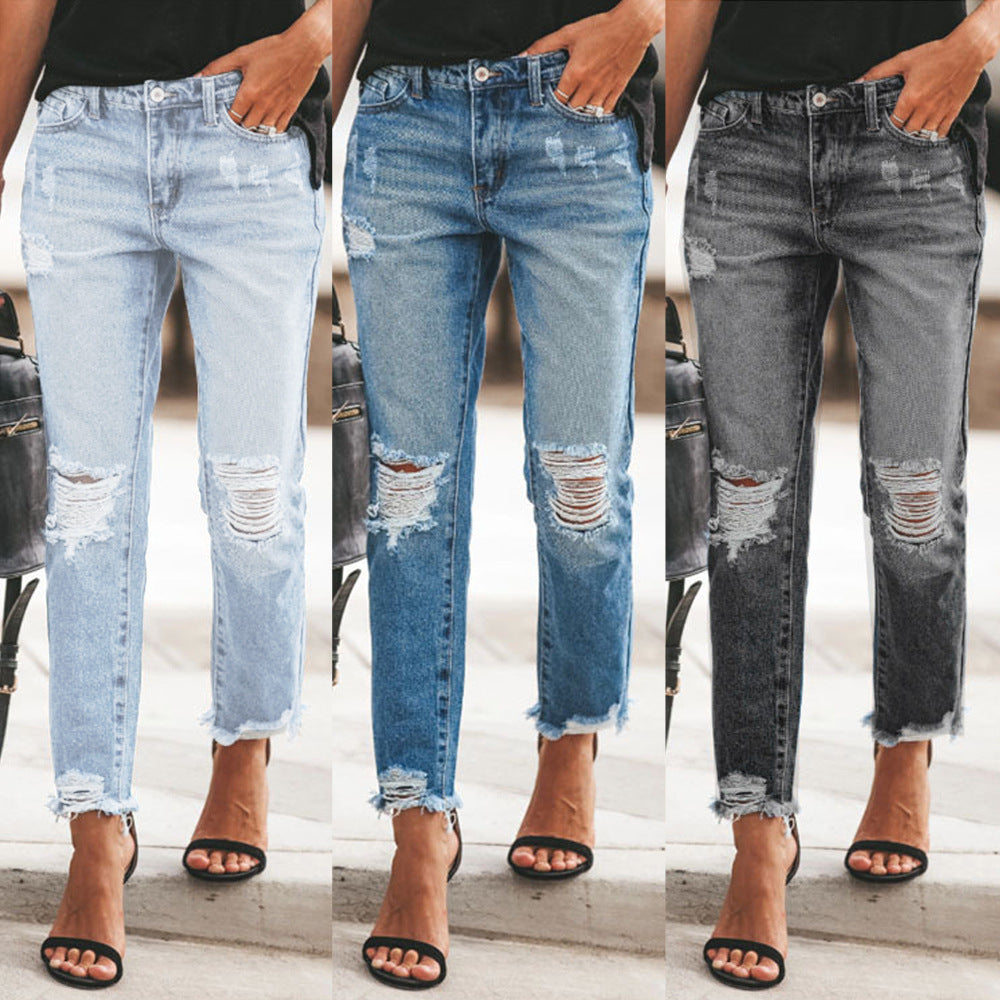 Damen Destroyed Mom Jeans mit Fransen und lässigem Schnitt Echo Archiv