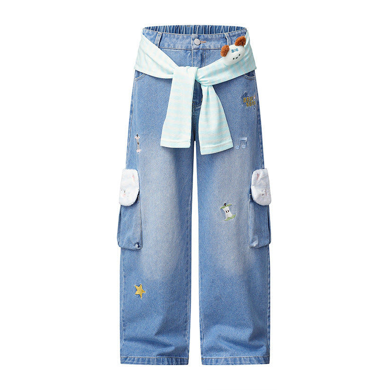 Damen Weiter Cargo-Jeans mit Plüschtaschen, Stickereien und elastischem Bund Echoarchiv