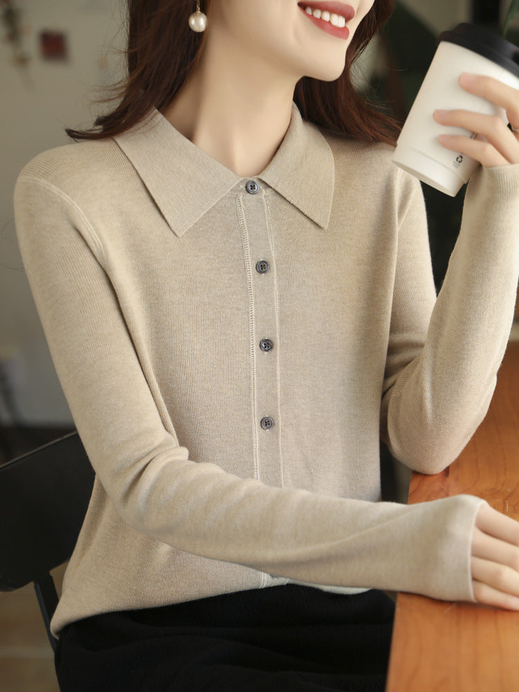 Damen Leichter Feinstrick-Cardigan mit Polokragen und durchgehender Knopfleiste Echoarchiv
