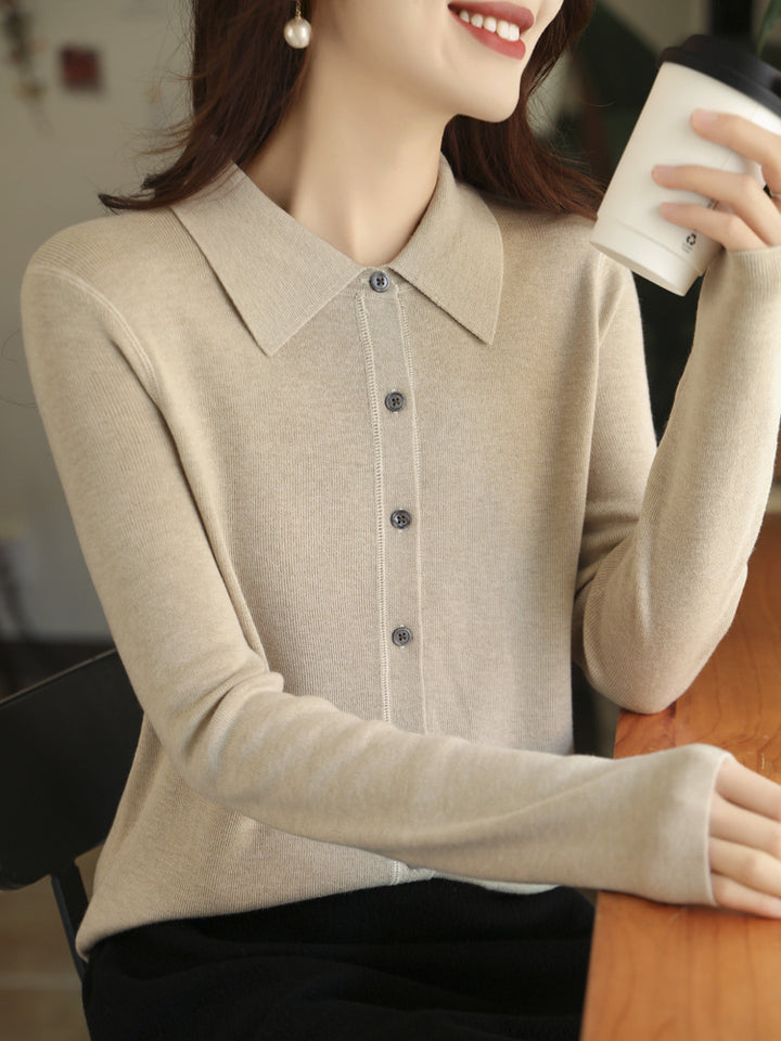 Damen Leichter Feinstrick-Cardigan mit Polokragen und durchgehender Knopfleiste Echoarchiv