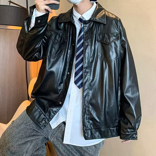 Herren Oversized Kunstleder-Hemdenjacke im Boxy-Look mit Pattentaschen und Druckknopfleiste Echoarchiv