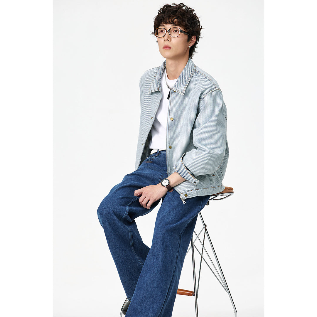 Unisex Gestreifte Oversize-Denimjacke im Worker-Stil mit Stehkragen und Zwei-Wege-Reißverschluss Echoarchiv