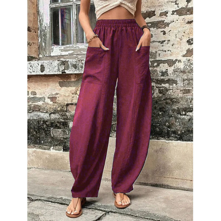 Damen Weite Leinenhose mit elastischem Bund, aufgesetzten Taschen und lässigem Harem-Schnitt Echoarchiv