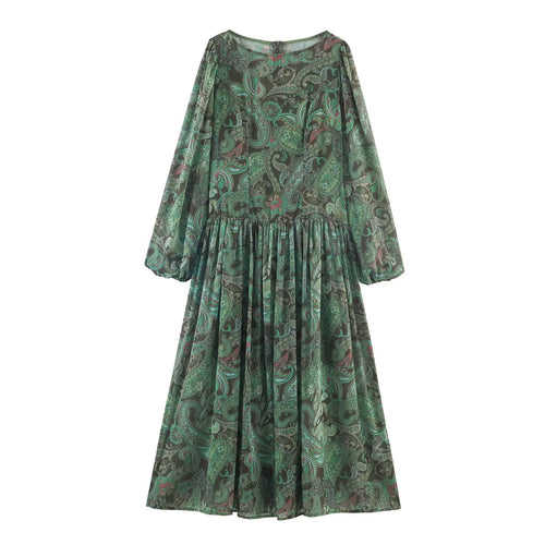 Damen Maxikleid mit Paisley-Print, transparentem Chiffon und Ballonärmeln Echoarchiv