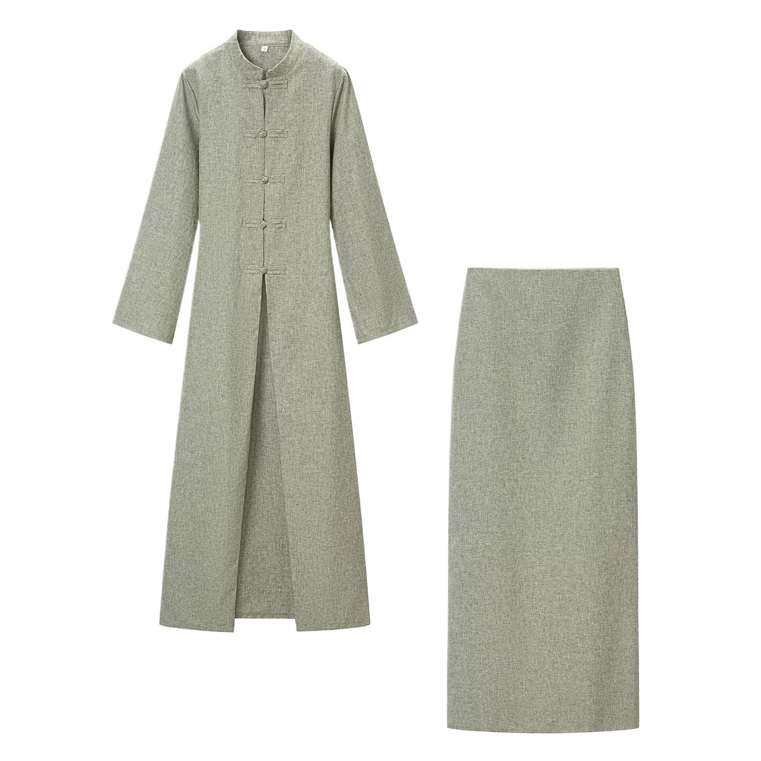 Damen Langärmliges Maxikleid mit Stehkragen Knebelknopfverschluss und vorderem Schlitz Echo Archiv