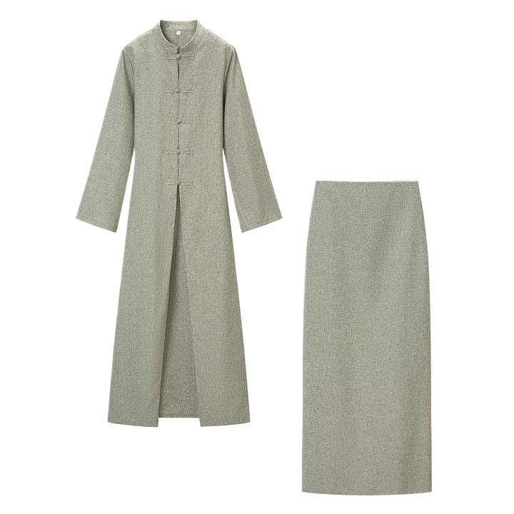 Damen Langärmliges Maxikleid mit Stehkragen Knebelknopfverschluss und vorderem Schlitz Echo Archiv
