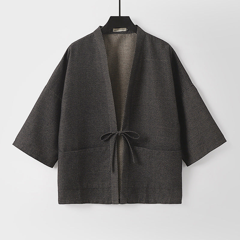 Herren Lockerer Kimono-Cardigan aus strukturierter Baumwollmischung mit kurzem Ärmel und Bindeband Echoarchiv