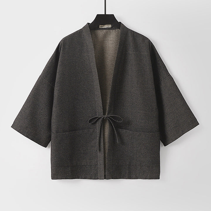 Herren Lockerer Kimono-Cardigan aus strukturierter Baumwollmischung mit kurzem Ärmel und Bindeband Echoarchiv