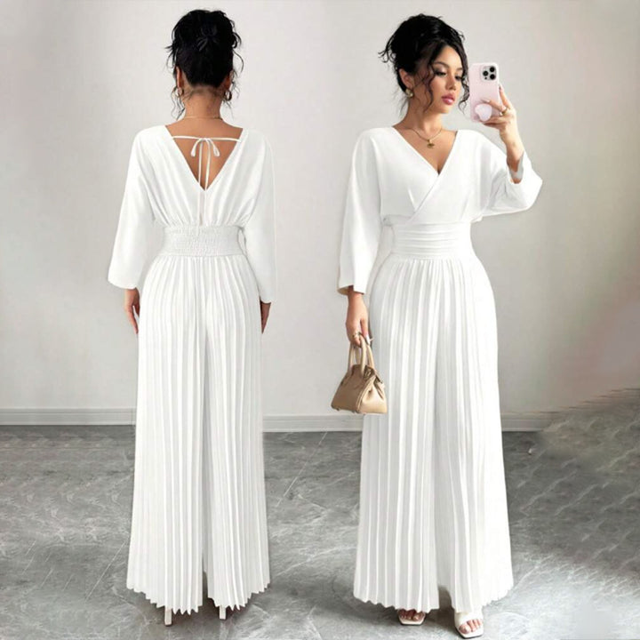 Damen Eleganter Plissee-Jumpsuit mit V-Ausschnitt Echo Archiv