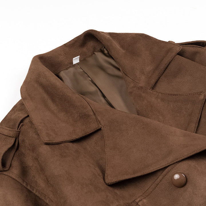 Damen taillierter veganer Trenchcoat mit Schalkragen, Bindegürtel und Schulterriegeln – Montévia