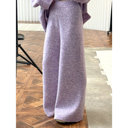 Damen Hochtaillierte flauschige Strickpalazzo‑Hose mit weitem Bein Echoarchiv