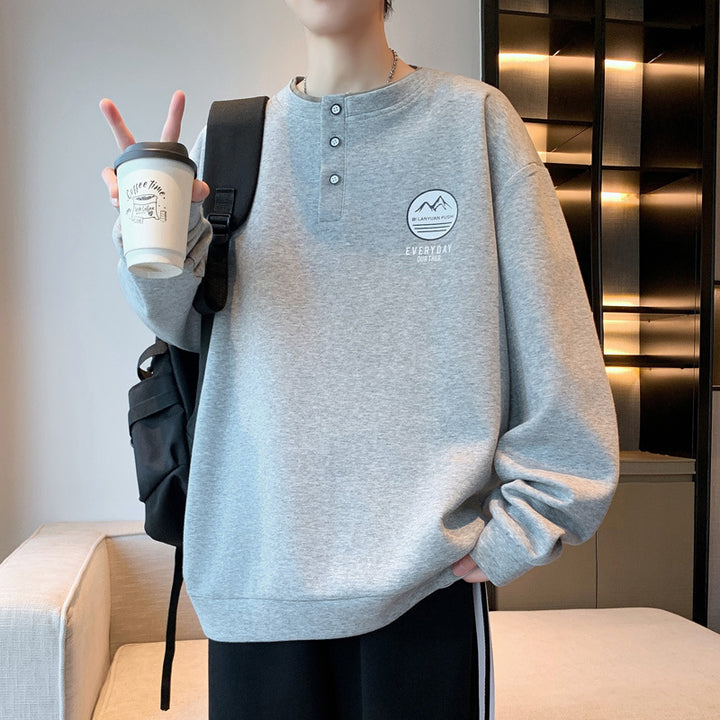 Herren lässiger Langarmpullover mit Knopf und gesticktem Motiv Echoarchiv