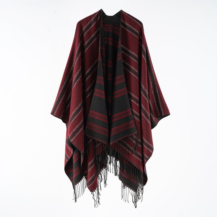 Damen Wollmix-Wickelponcho im Jacquardstreifen mit Fransen Echo Archiv