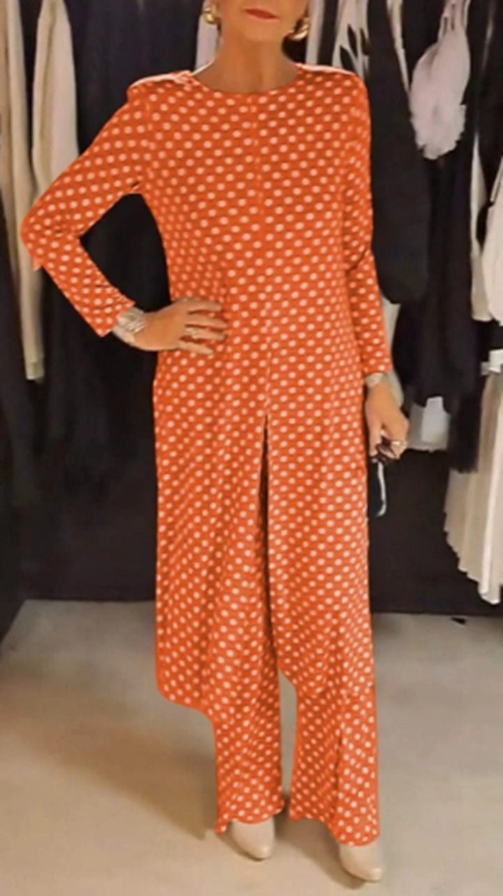 Damen nan Pünktchen-Lounge-Ensemble mit langer A-Linien-Tunika, mittigem Frontschlitz und weiter Palazzohose Echo Archiv