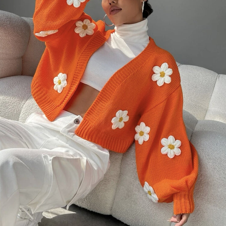 Damen Cropped-Cardigan aus Baumwollmix mit 3D-Blütenapplikationen – Veloura