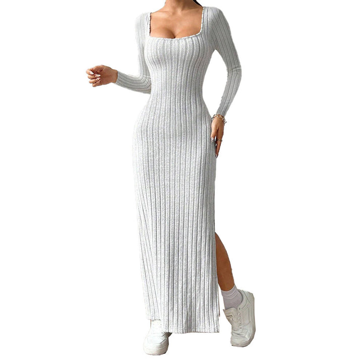 Damen figurbetontes geripptes Maxikleid mit quadratischem Ausschnitt und seitlichem Beinschlitz – Valéora