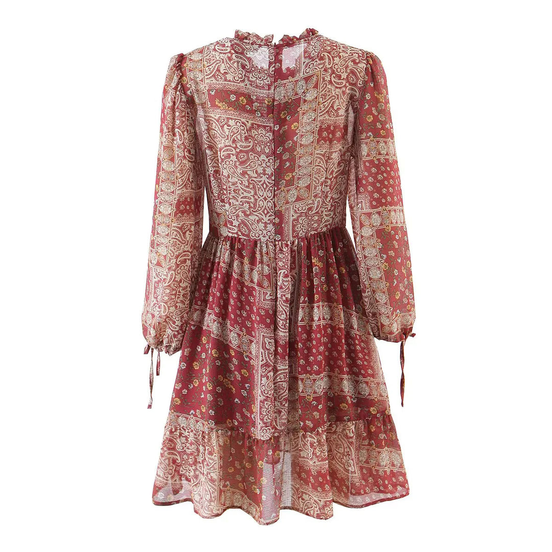 Damen nan geblümtes Boho Midi-Kleid mit Stufenrock und Rüschenkragen Echo Archiv