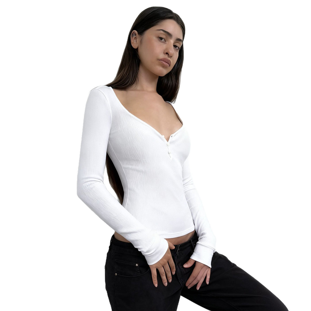 Damen nan figurbetontes geripptes Langarm-Henley-Top mit tiefem V-Ausschnitt und Knopfleiste Echo Archiv