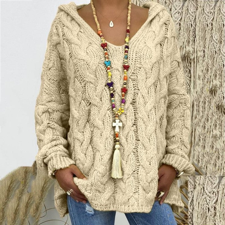 Damen nan grob gestrickter Kapuzenpullover mit Zopfmuster und weitem Oversize-Schnitt Echo Archiv