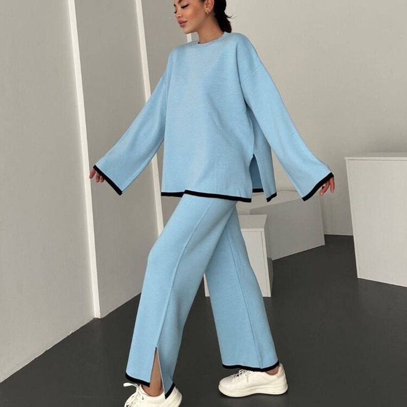 Damen Lässiges Strick-Relax-Set mit weitem Oversize-Pullover und ausgestellter Schlaghose Echoarchiv