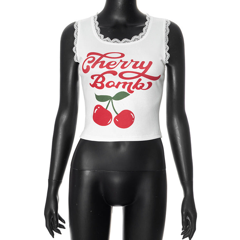 Damen lässiges Crop-Top mit charmantem Spitzenrand und fröhlichem Print Echo Archiv