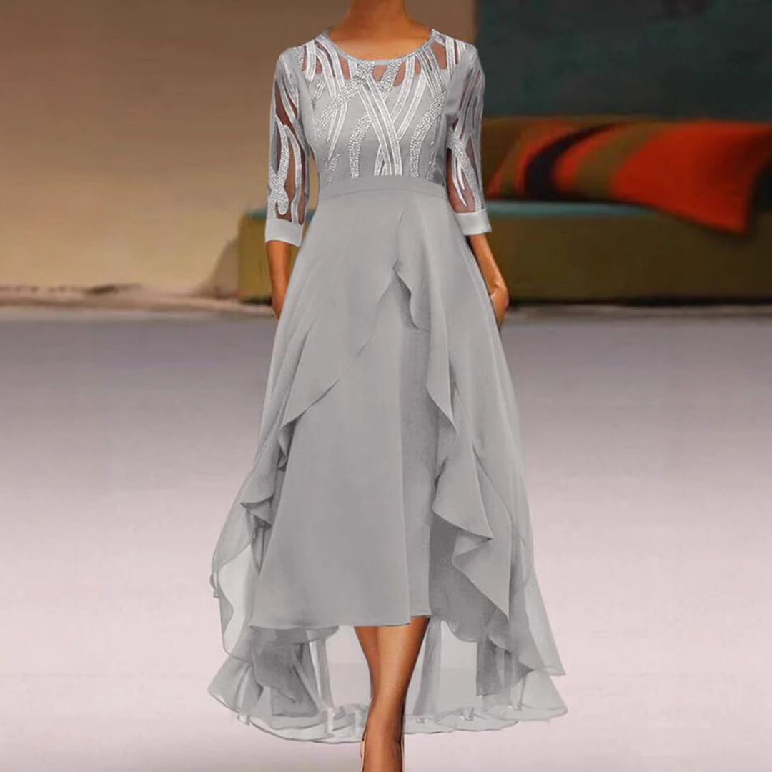 Damen nan edles Chiffon-Abendkleid mit besticktem Tülloberteil, Dreiviertelärmeln und asymmetrischem Stufen-Saum Echo Archiv