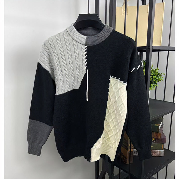 Unisex Patchwork-Oversize-Strickpullover mit Zopf- und Rautenmuster, dekorativen Kontrastnähten und Rundhalsausschnitt Echoarchiv