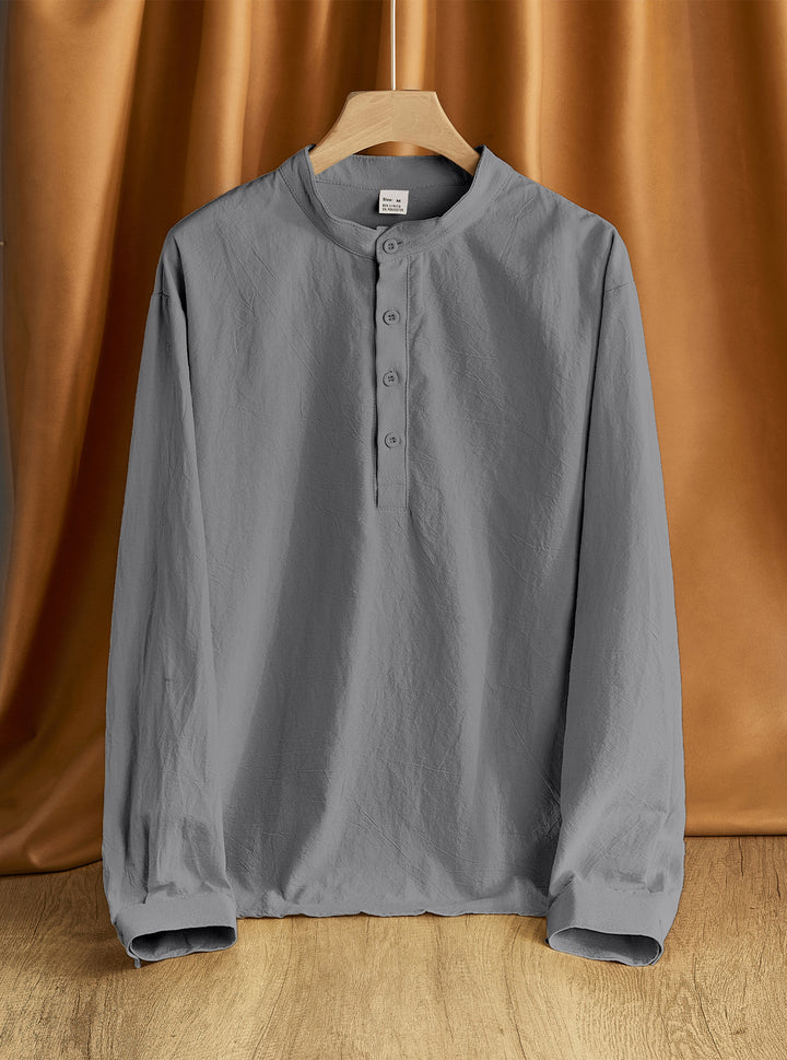Herren Leinen-Mix Langarmshirt Henley mit Stehkragen Echoarchiv