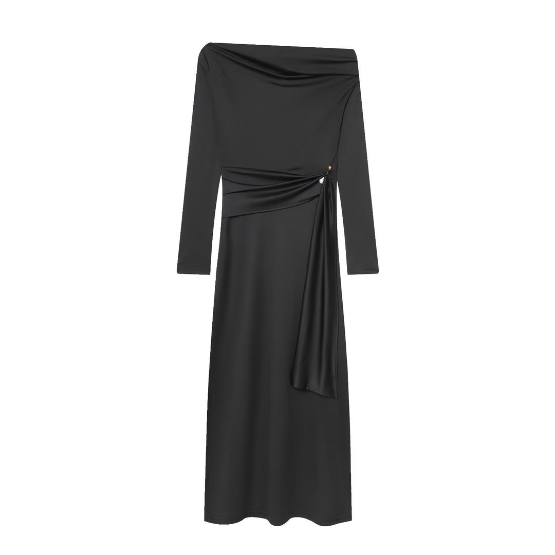 Damen elegantes Maxikleid mit asymmetrischem Ausschnitt und dekorativer Drapierung Echo Archiv
