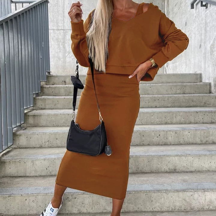 Damen Casual-Set Cropped-Sweatshirt mit Cut-Out-Trägern und High‑Waist Midirock aus Stretch-Fleece Echoarchiv