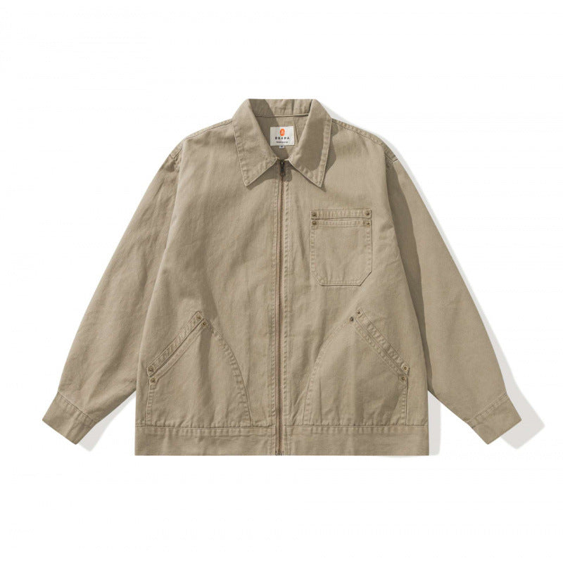 Unisex Kastenförmige Canvas-Worker-Jacke mit Frontreißverschluss und Nietapplikationen Echo Archiv