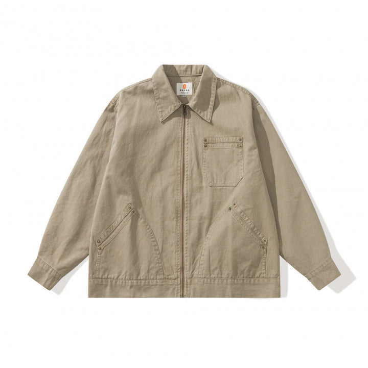Unisex Kastenförmige Canvas-Worker-Jacke mit Frontreißverschluss und Nietapplikationen Echo Archiv