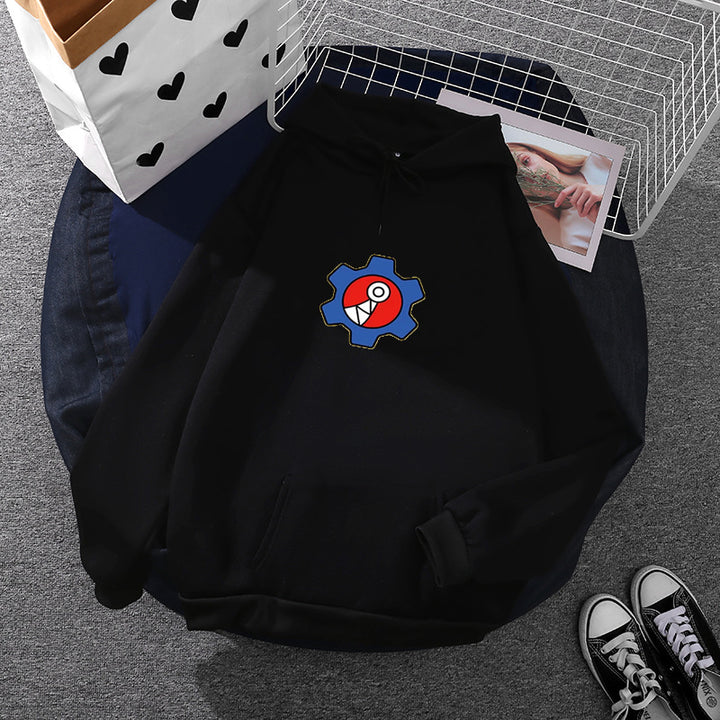 Damen oversized Fleece-Kapuzenpullover mit weicher Innenseite, Kängurutasche und appliziertem Zahnrad-Comic-Motiv – Auréline