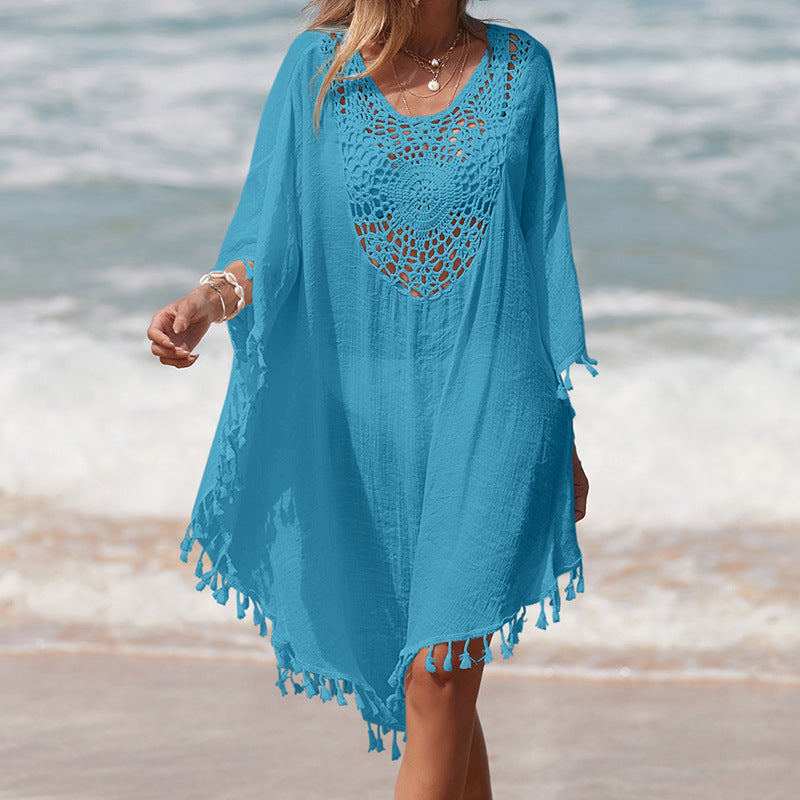 Damen Häkel-Strandüberwurf mit fransigem Saum und elegantem Lochmuster Echo Archiv