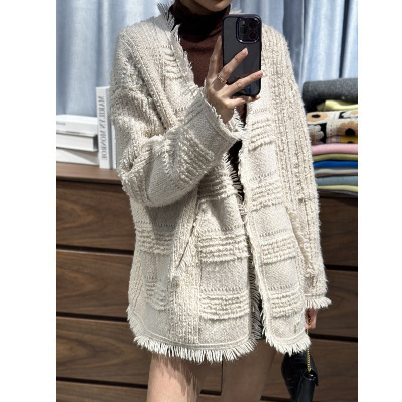 Damen Oversize Strickcardigan mit strukturierter Karomuster‑Optik, Fransen und Eingrifftaschen Echoarchiv