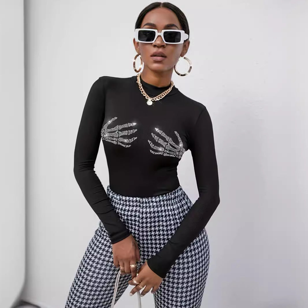 Damen nan figurbetontes transparentes Netz-Langarmshirt mit hohem Kragen und Strass-Skelettmotiv Echo Archiv