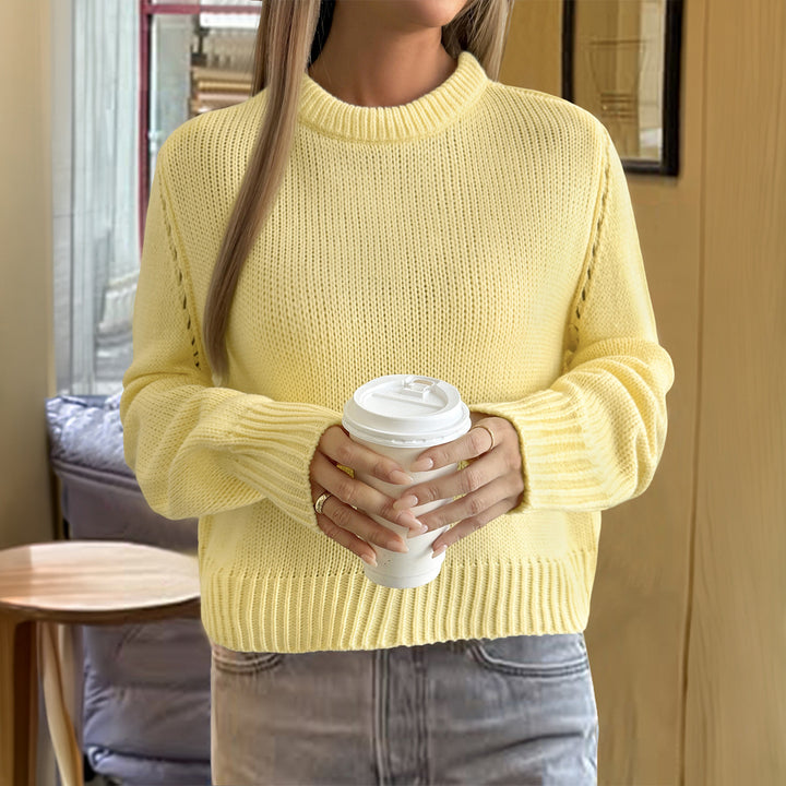 Damen gestrickter Feinstrick-Pullover mit Rundhalsausschnitt, leichter Oversize-Passform und gerippten Bündchen – Mavelle