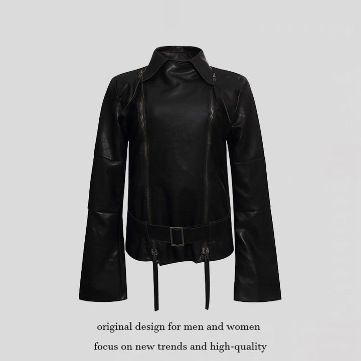 Damen Kunstleder-Bondagejacke mit verlängerten Ärmeln, Doppel-Reißverschlüssen und Taillengürtel Echoarchiv