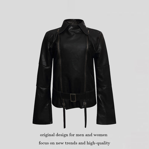 Damen Kunstleder-Bondagejacke mit verlängerten Ärmeln, Doppel-Reißverschlüssen und Taillengürtel Echoarchiv