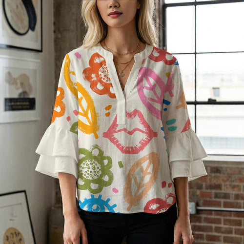 Damen Bluse mit voluminösen Rüschenärmeln und floralem Muster Echo Archiv