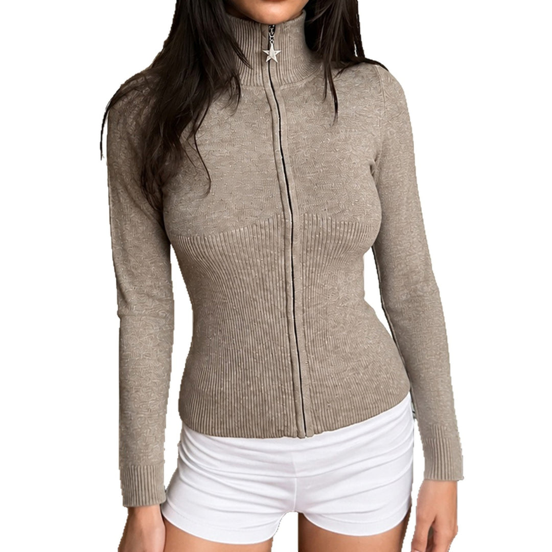 Damen Figurbetonter Zip-Pullover mit Stehkragen und taillierter Rippstruktur Echo Archiv