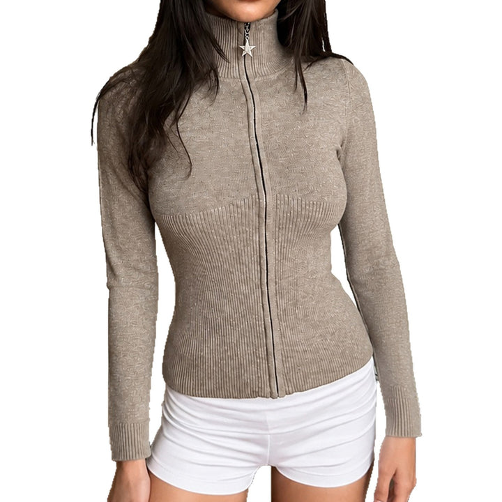 Damen Figurbetonter Zip-Pullover mit Stehkragen und taillierter Rippstruktur Echo Archiv